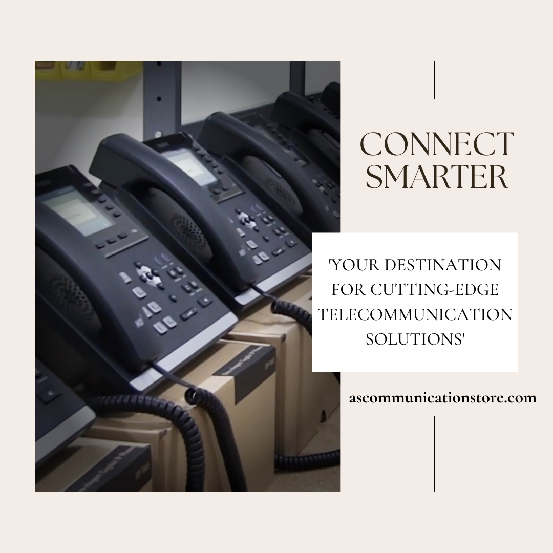 "Welcome banner for AS Communication Store featuring a modern interior filled with various telecommunication devices like VOIP, Avaya, Fanvil, and Siemens phones. 